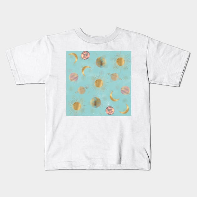 Gold Sun Moon Planets Space Blue illustration Kids T-Shirt by NdesignTrend